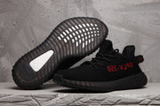 Yeezy Boost 350 V2 Black Knit Sneakers with Red Accents